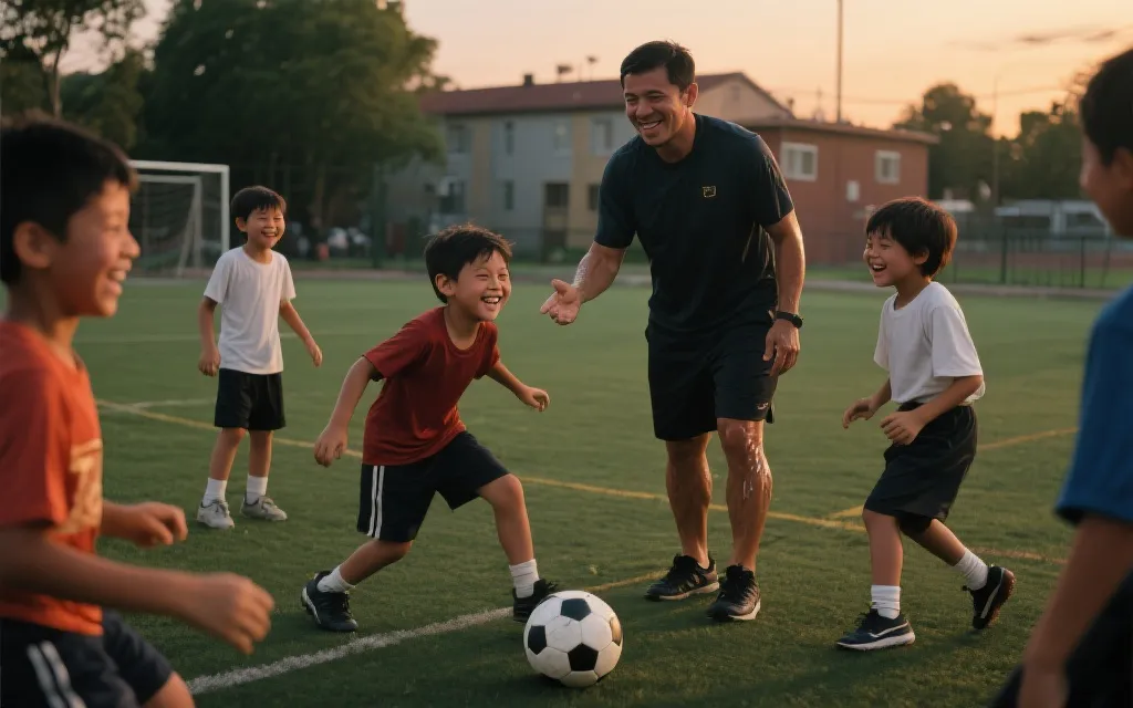 傍晚社区球场上青少年训练，教练在一旁指导，温暖纪实风
