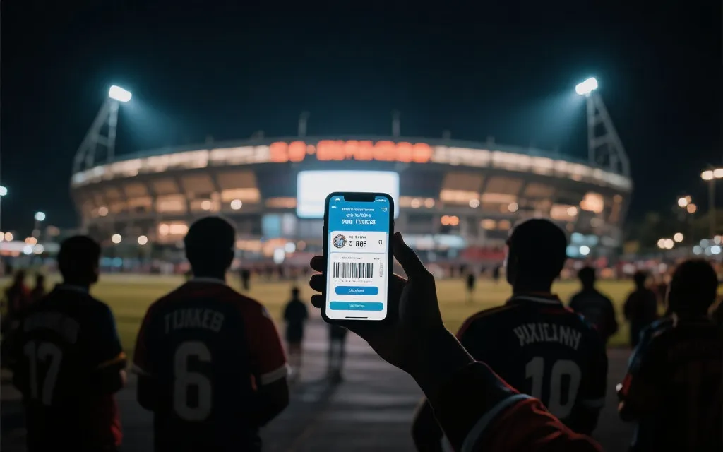 体育场外的夜景与球迷剪影，手里拿着手机显示电子票界面